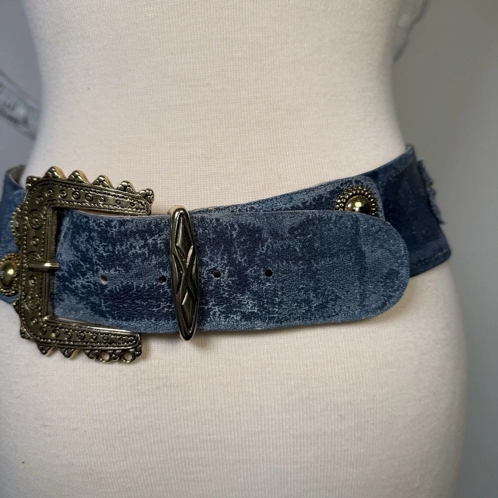 VTG Blue Suede Leather Belt Y2K Boho Festival Aztec Renaissance Made Italy M